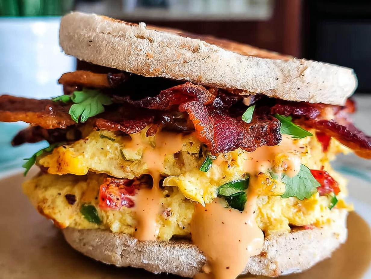 A close-up of a Spicy Chipotle Egg Breakfast Sandwich with fluffy scrambled eggs, crispy bacon, and a creamy sauce on an English muffin.