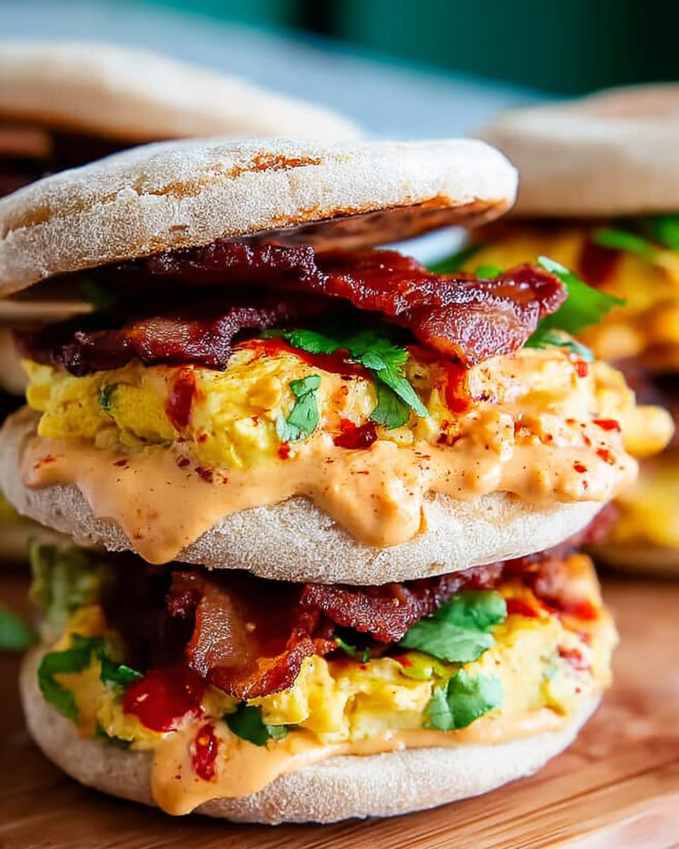 Close-up of stacked Spicy Chipotle Egg Breakfast Sandwiches with crispy bacon and creamy sauce.