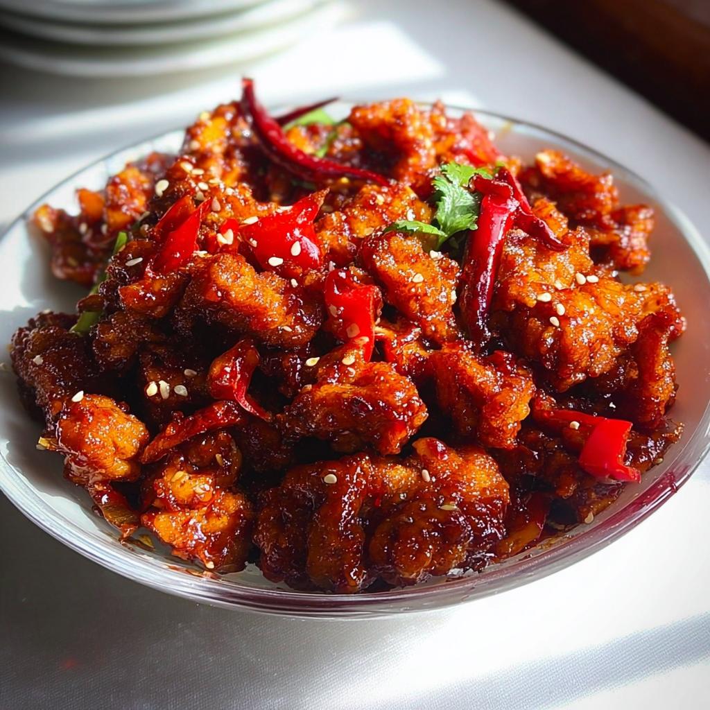 A close-up of Spicy Dragon Chicken, coated in a glossy sauce with red chilies and sesame seeds.