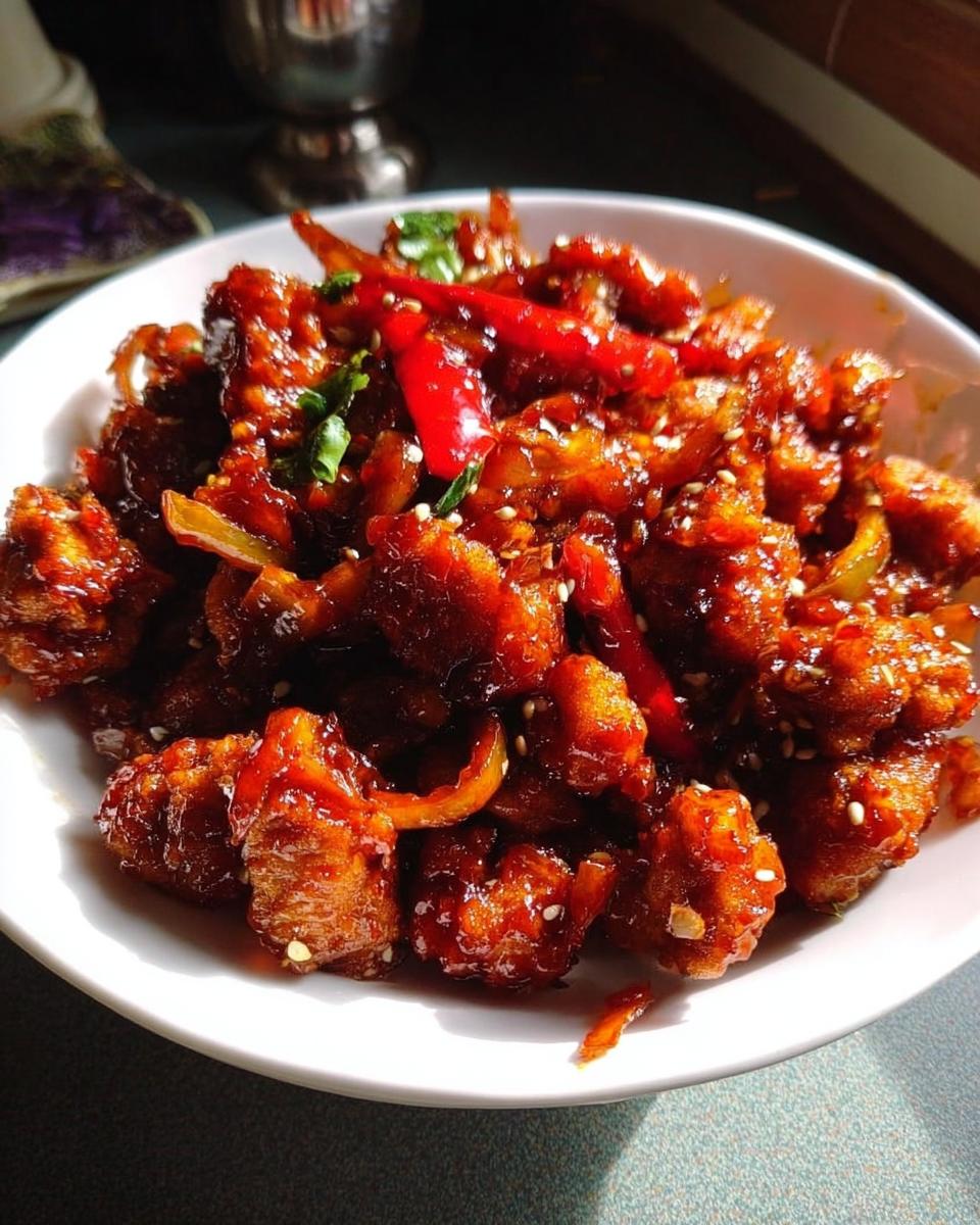 Close-up of Spicy Dragon Chicken, a vibrant Indo-Chinese dish with crispy chicken pieces coated in a glossy red sauce, garnished with chili peppers and sesame seeds.