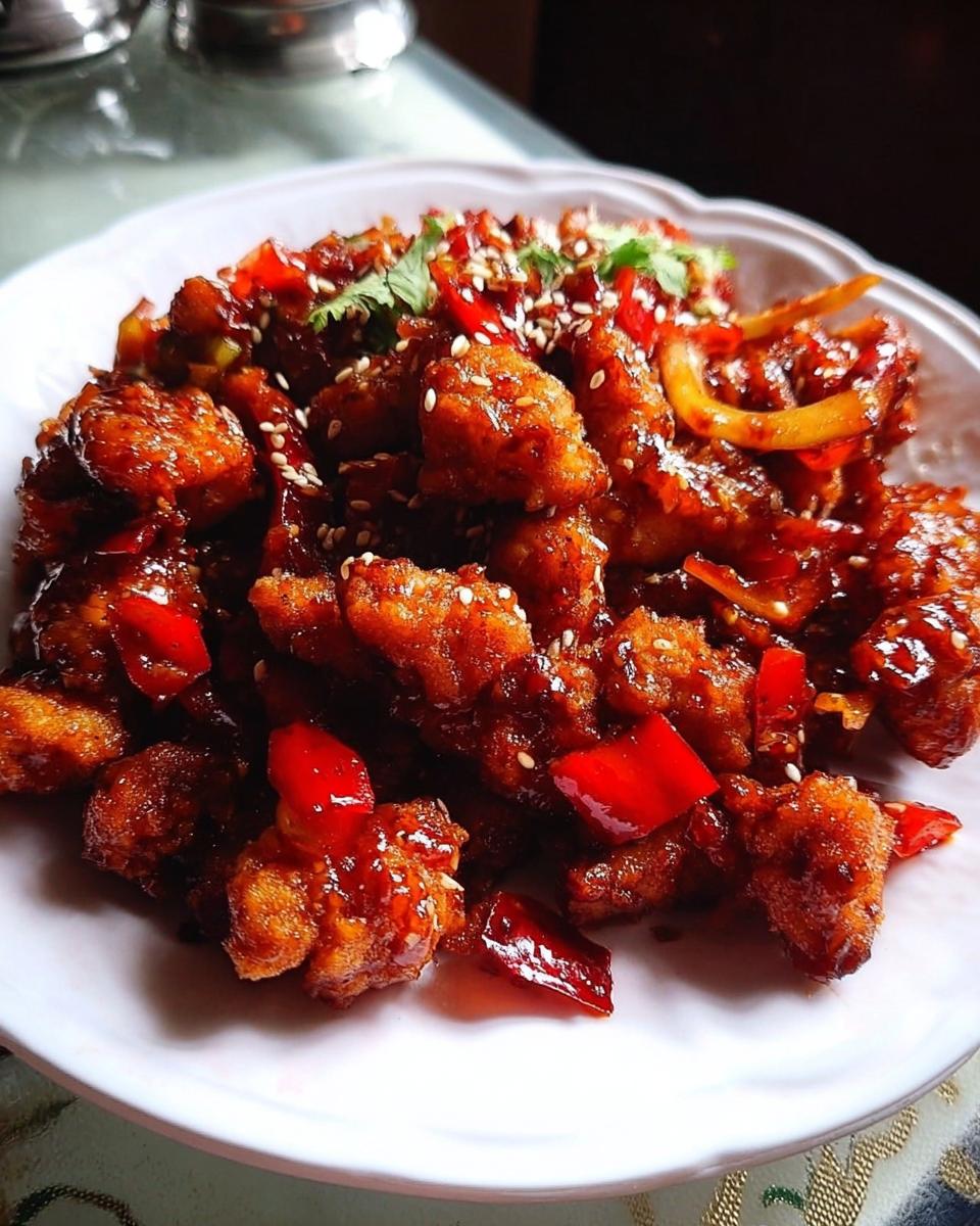 A plate of delicious Spicy Dragon Chicken, coated in a glossy sauce with red peppers and sesame seeds.