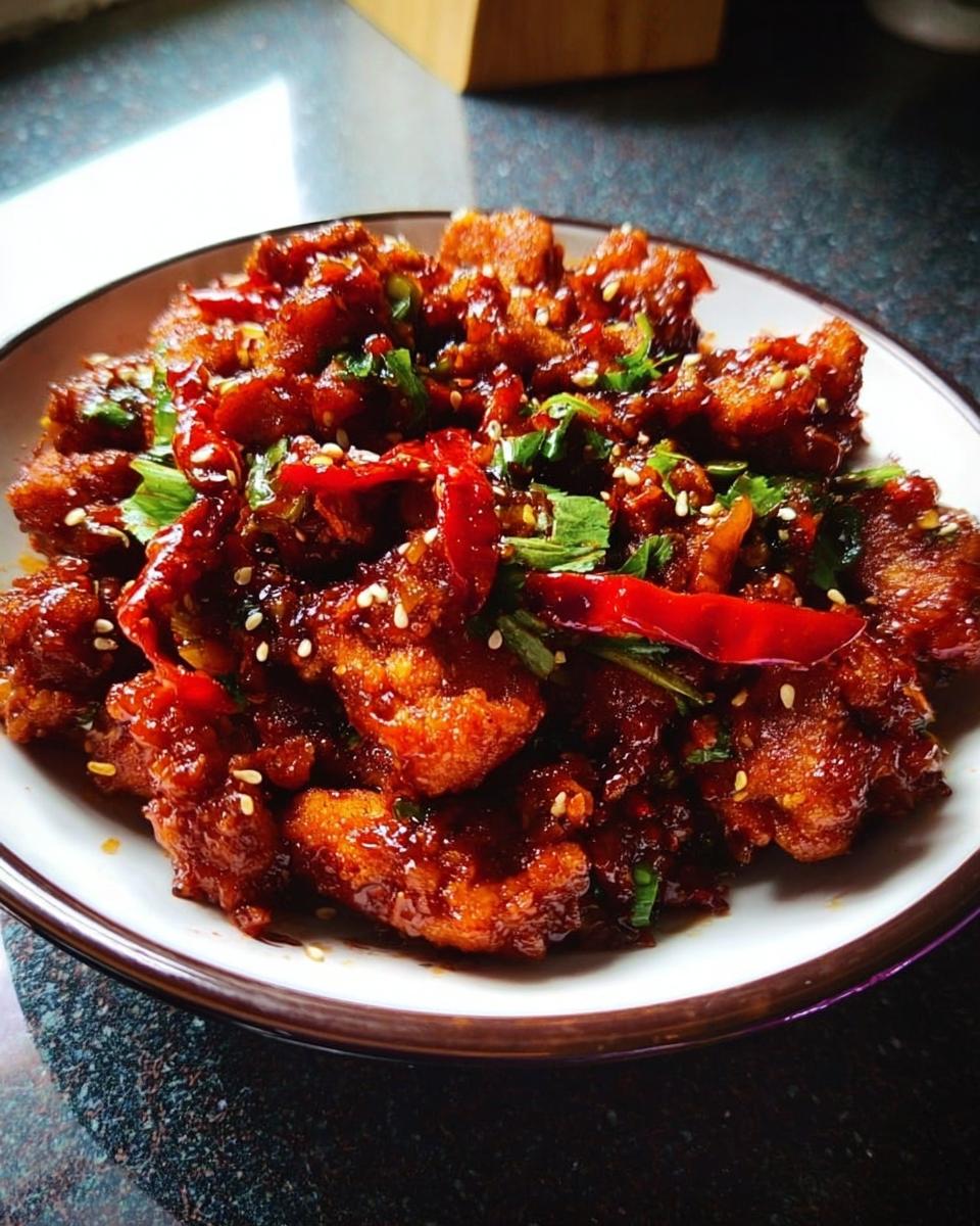Close-up of Spicy Dragon Chicken, coated in a glossy, dark red sauce with chili peppers and sesame seeds.