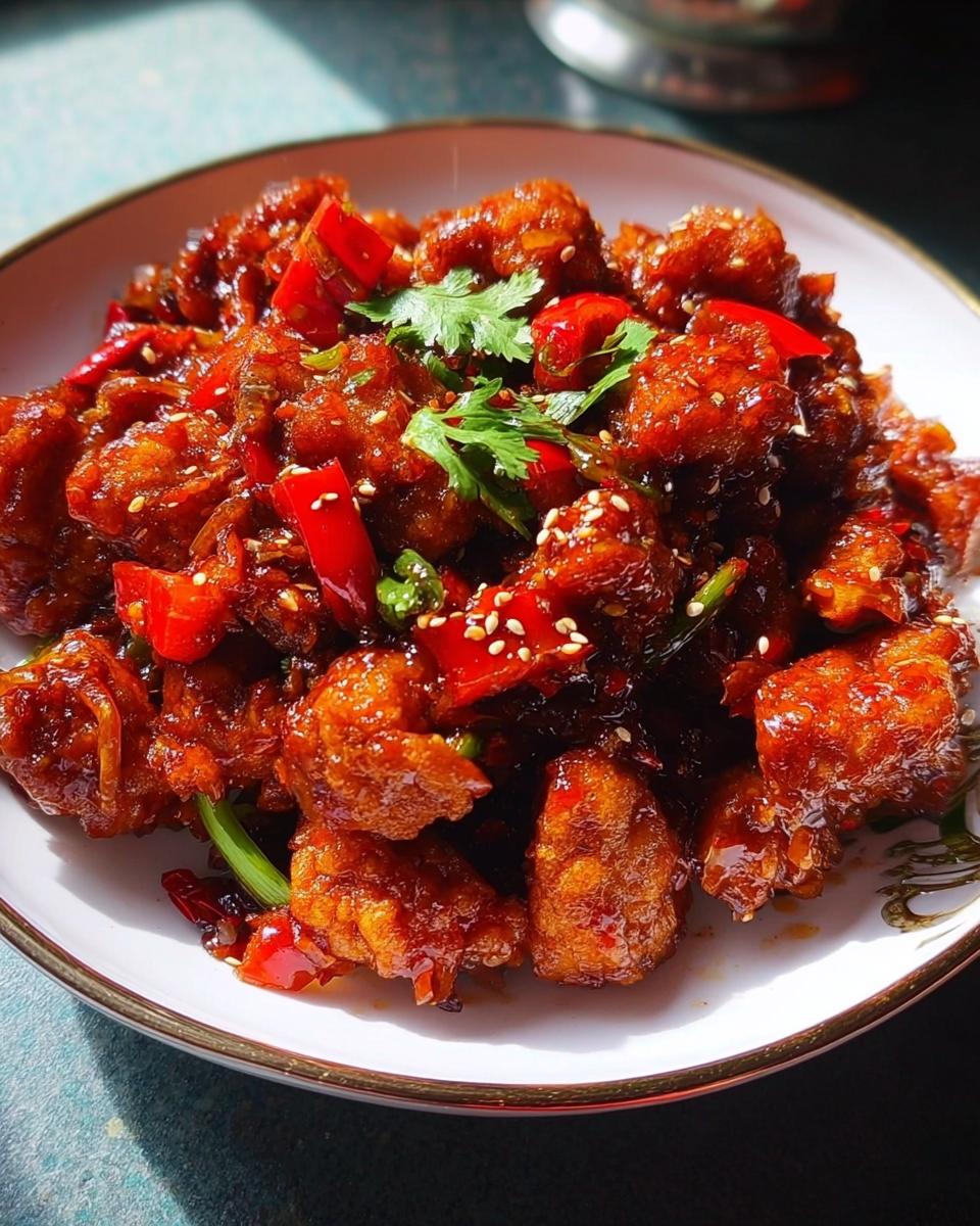 A close-up of Spicy Dragon Chicken, featuring crispy fried chicken pieces coated in a glossy, red chili sauce, garnished with cilantro and sesame seeds.