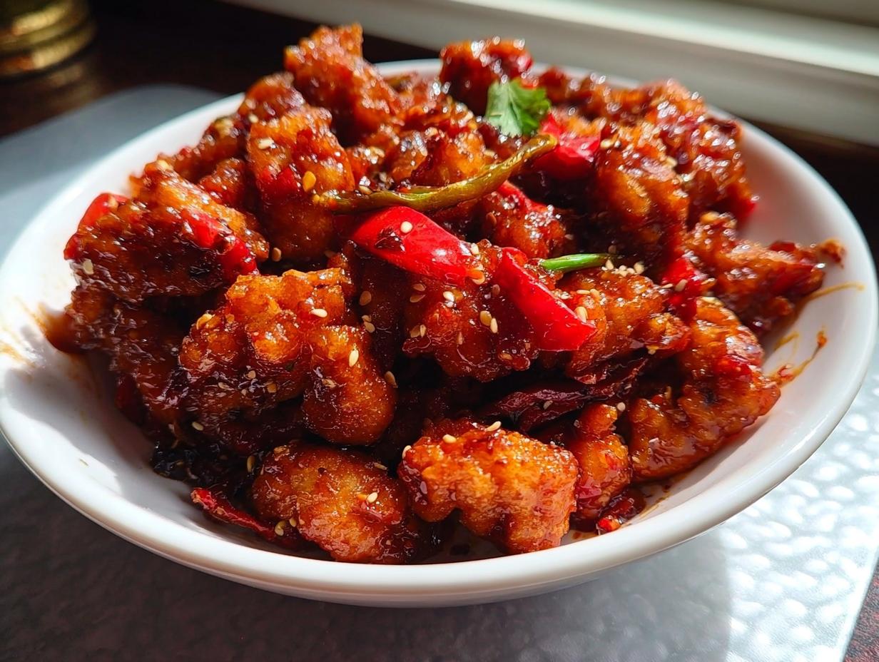 A bowl of Spicy Dragon Chicken, coated in a glossy, dark red sauce with sesame seeds, chili slices, and cilantro.