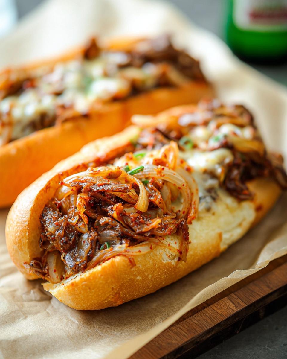 A close-up of a Spicy Kimchi Bulgogi Cheesesteak sandwich, overflowing with tender bulgogi beef, melted cheese, and kimchi.