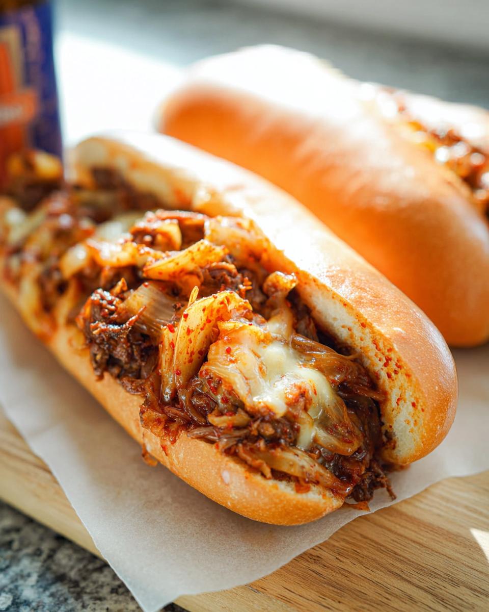 A close-up of a Spicy Kimchi Bulgogi Cheesesteak sandwich overflowing with meat, kimchi, and melted cheese on a bun.