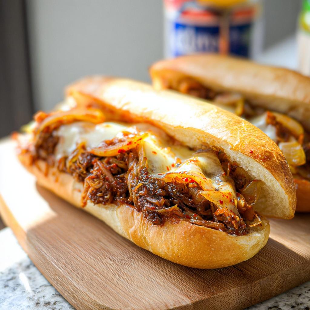 A close-up of a delicious Spicy Kimchi Bulgogi Cheesesteak sandwich on a wooden board, filled with tender meat and melted cheese.