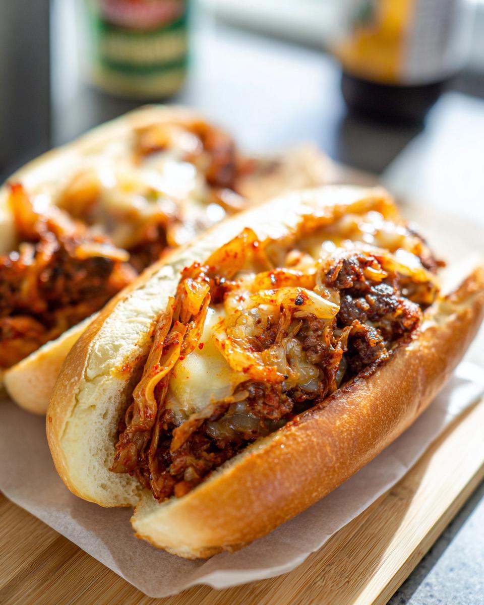 Close-up of a Spicy Kimchi Bulgogi Cheesesteak sandwich overflowing with seasoned meat, kimchi, and melted cheese.