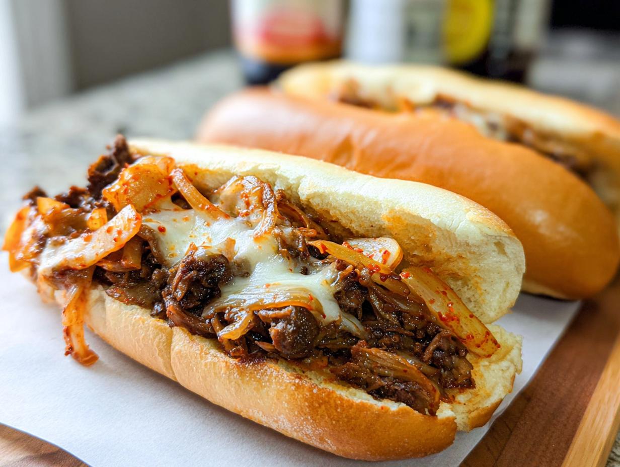 A close-up of a delicious Spicy Kimchi Bulgogi Cheesesteak sandwich, overflowing with tender bulgogi beef, melted cheese, and spicy kimchi.