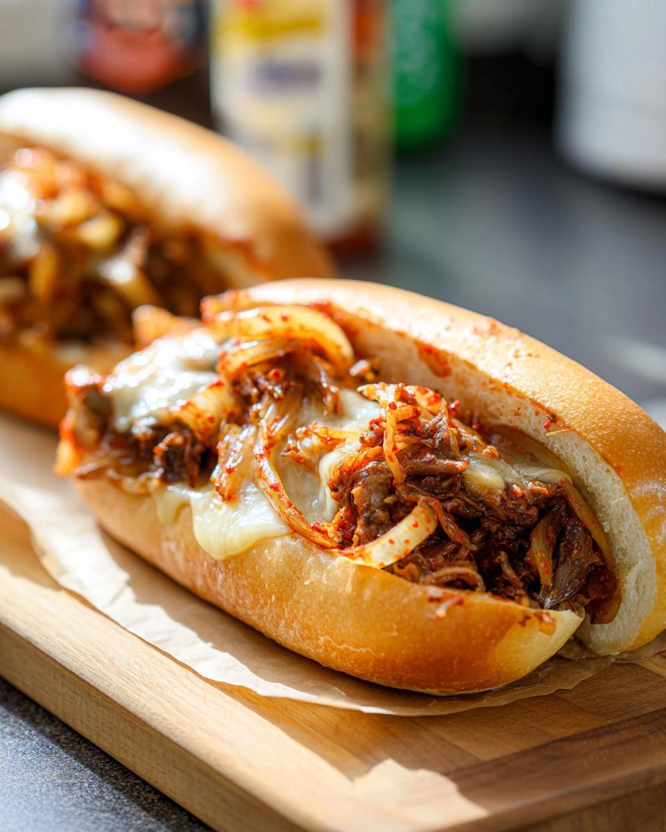 A close-up of a Spicy Kimchi Bulgogi Cheesesteak sandwich on a wooden board, with melted cheese and bulgogi filling.