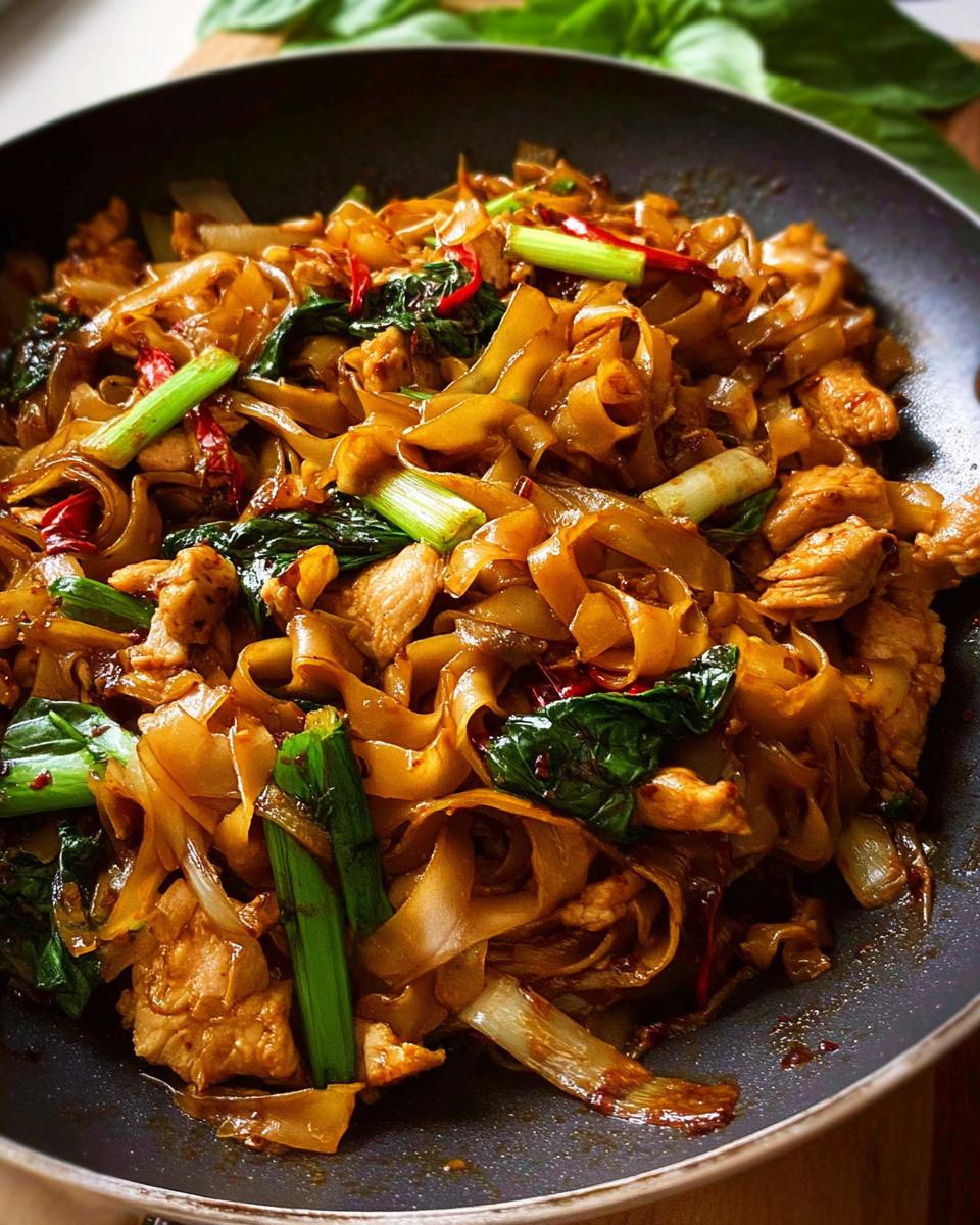 Close-up of a pan filled with Street Style Thai Drunken Noodles, featuring wide rice noodles, chicken, green onions, and chili peppers.