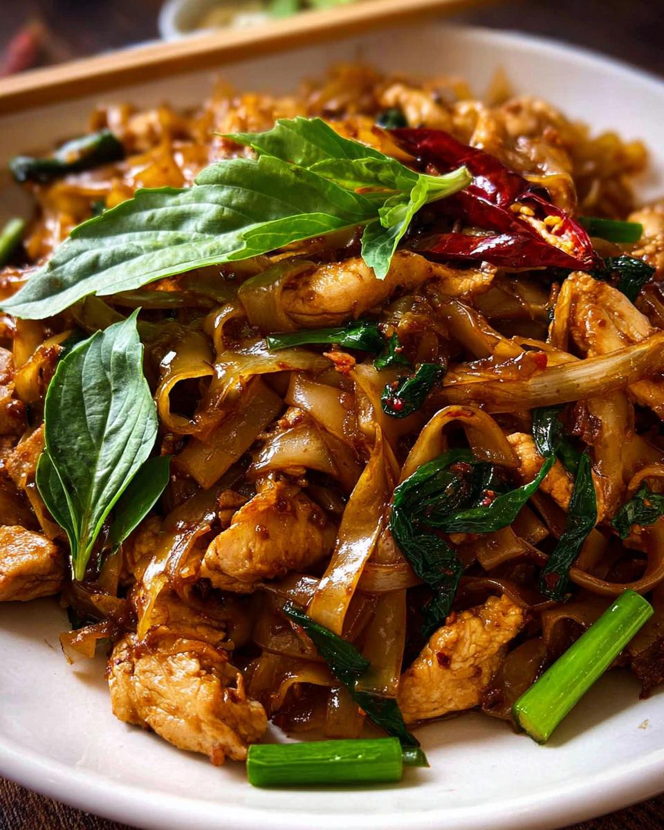 Close-up of Street Style Thai Drunken Noodles with tender chicken, wide rice noodles, fresh basil, and chili.