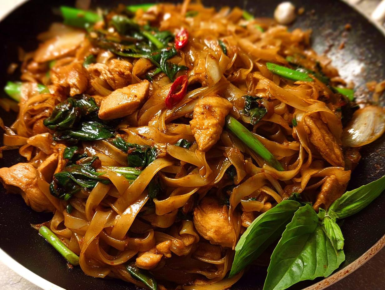 Close-up of Street Style Thai Drunken Noodles with chicken, wide rice noodles, basil, and chili peppers in a pan.