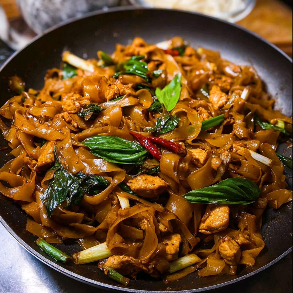 A close-up shot of Street Style Thai Drunken Noodles with chicken, basil, and chili in a black pan.