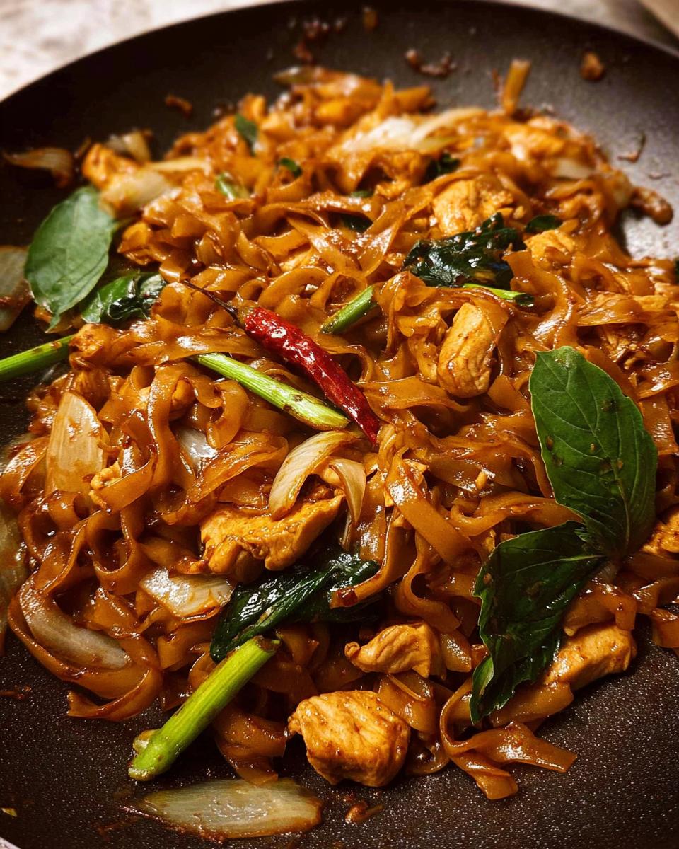 Close-up of Street Style Thai Drunken Noodles with chicken, wide rice noodles, onions, and chili in a pan.