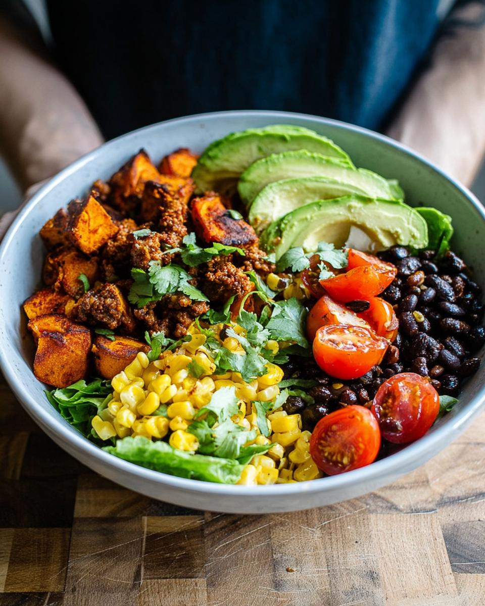 A vibrant Sweet Potato Taco Bowl filled with seasoned sweet potatoes, black beans, corn, tomatoes, avocado, and cilantro.