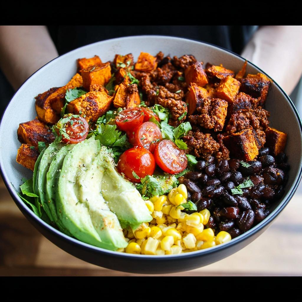 A vibrant Sweet Potato Taco Bowl filled with roasted sweet potatoes, black beans, corn, avocado, and tomatoes.