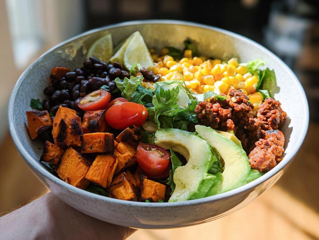 A vibrant Sweet Potato Taco Bowl filled with roasted sweet potatoes, black beans, corn, avocado, tomatoes, and lime wedges.