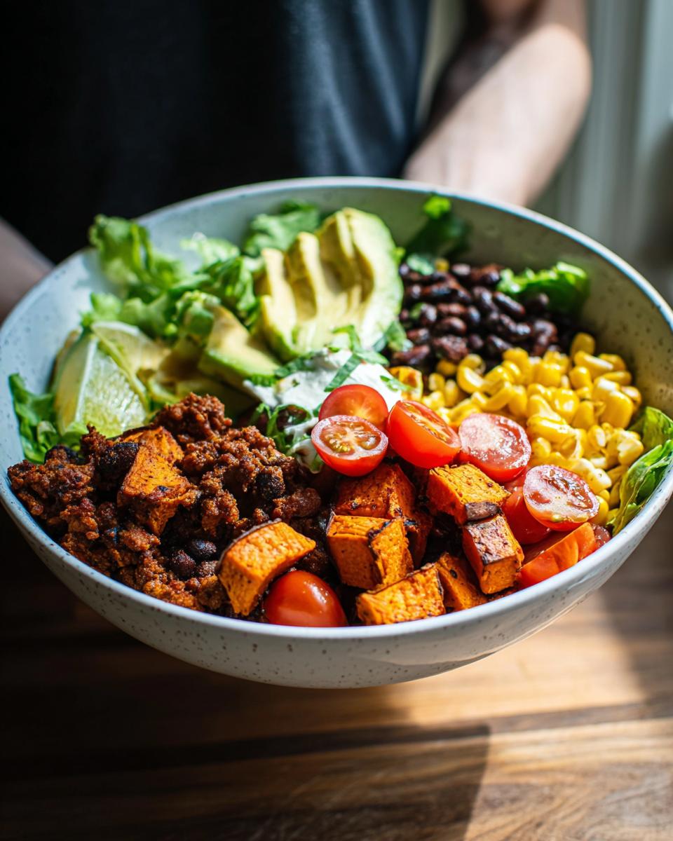 A vibrant and colorful Sweet Potato Taco Bowl filled with roasted sweet potatoes, black beans, corn, avocado, and tomatoes.