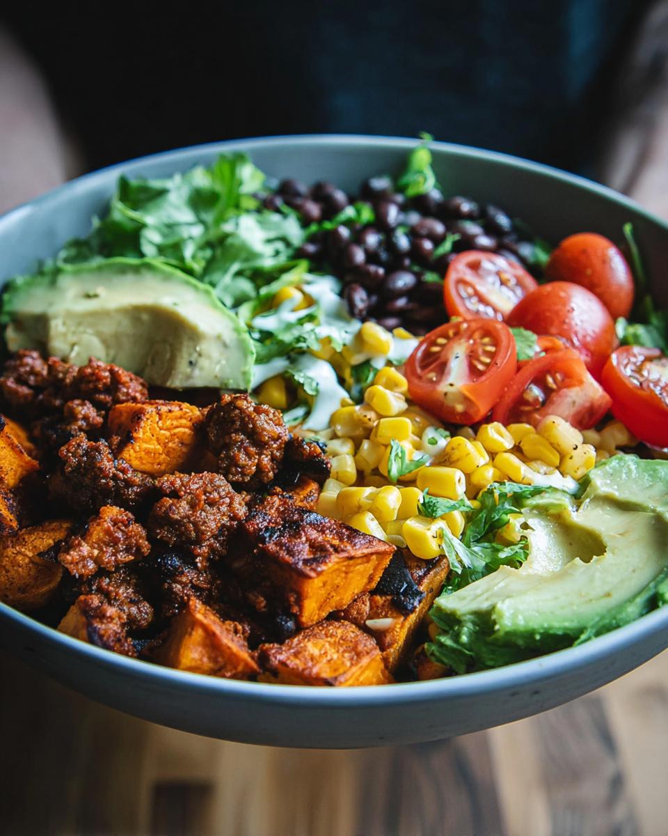 Close-up of a vibrant Sweet Potato Taco Bowl filled with roasted sweet potatoes, black beans, corn, avocado, and tomatoes.