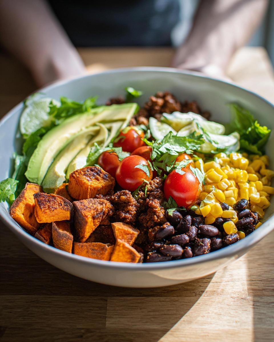 A vibrant Sweet Potato Taco Bowl filled with roasted sweet potatoes, black beans, corn, avocado, tomatoes, and lime.