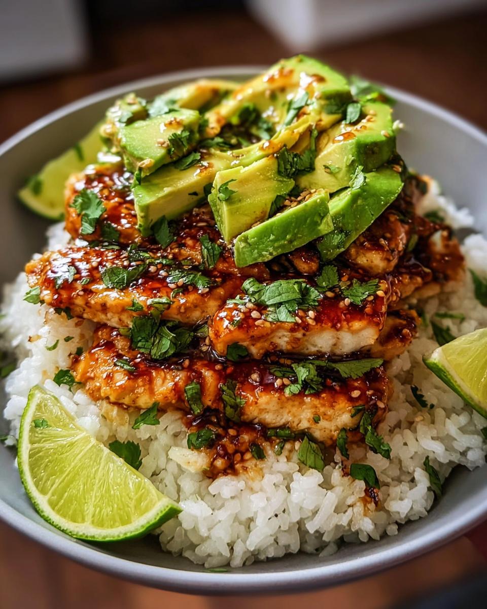 A close-up of Tangy Honey Lime Chicken Delight served over white rice, topped with sliced avocado and fresh cilantro.