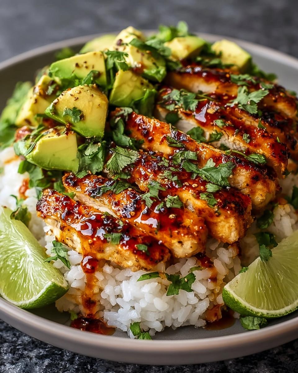A close-up of Tangy Honey Lime Chicken Delight served over rice, topped with diced avocado and cilantro, with lime wedges on the side.