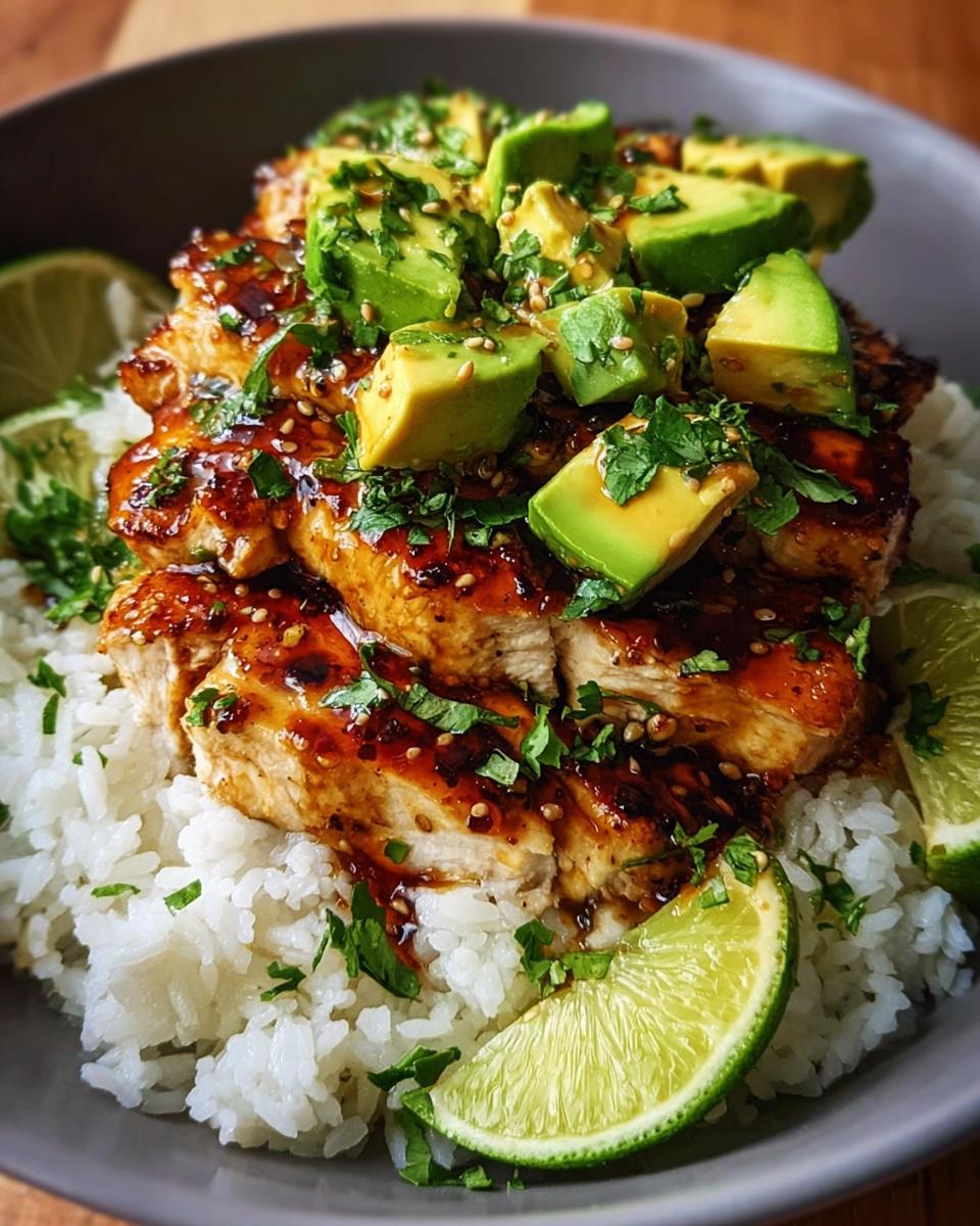 A bowl of Tangy Honey Lime Chicken Delight served over white rice, topped with diced avocado, cilantro, and sesame seeds, with lime wedges on the side.