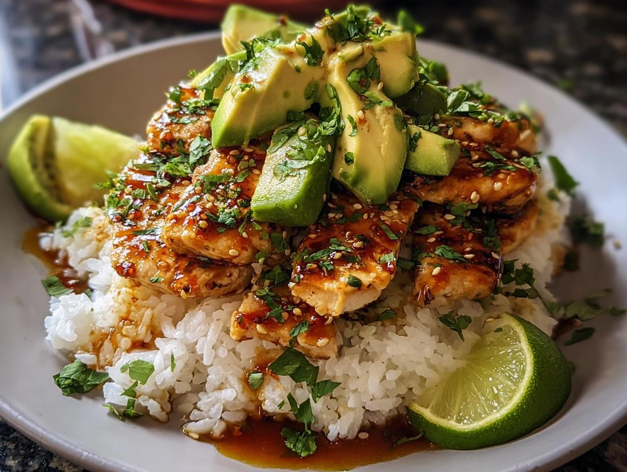 A bowl of Tangy Honey Lime Chicken Delight served over rice, topped with fresh avocado slices, cilantro, and lime wedges.