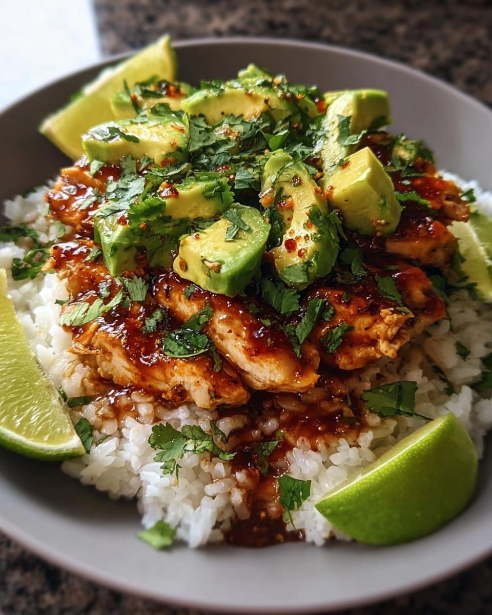 A bowl of Tangy Honey Lime Chicken Delight served over white rice, topped with avocado, cilantro, and lime wedges.