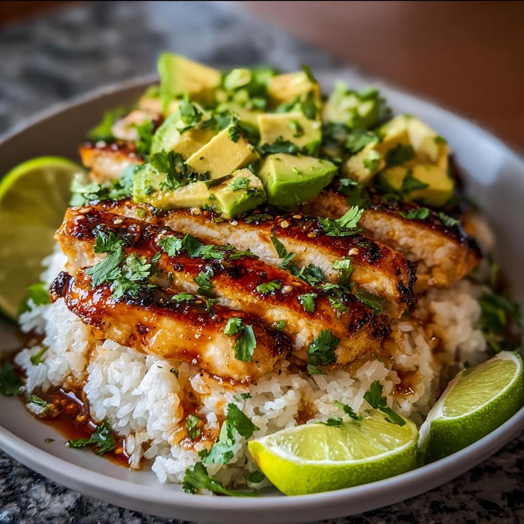 A close-up of Tangy Honey Lime Chicken Delight served over rice, topped with avocado and cilantro, garnished with lime wedges.