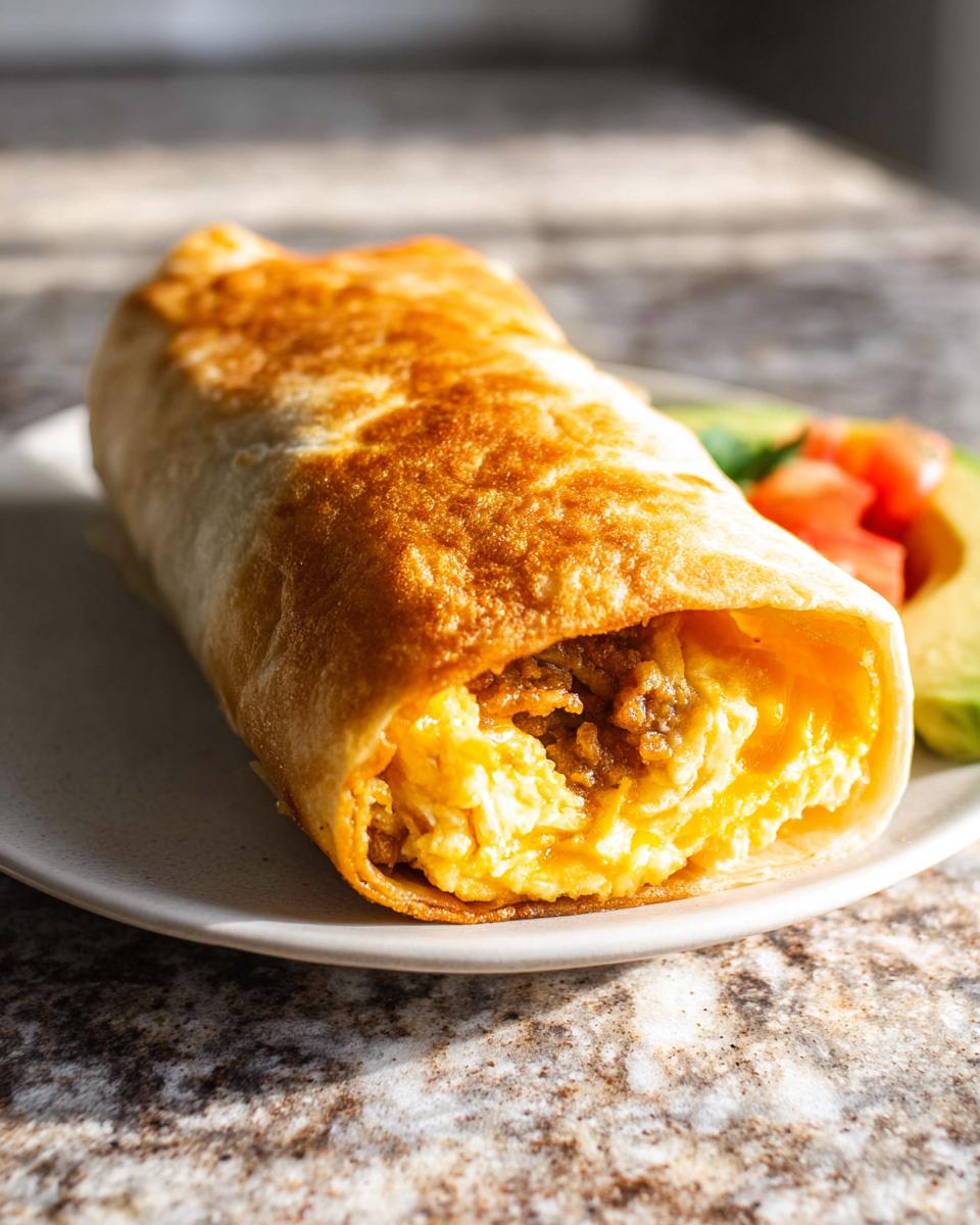 A close-up of a golden-brown freezer breakfast burrito, cut open to reveal fluffy scrambled eggs and savory filling.