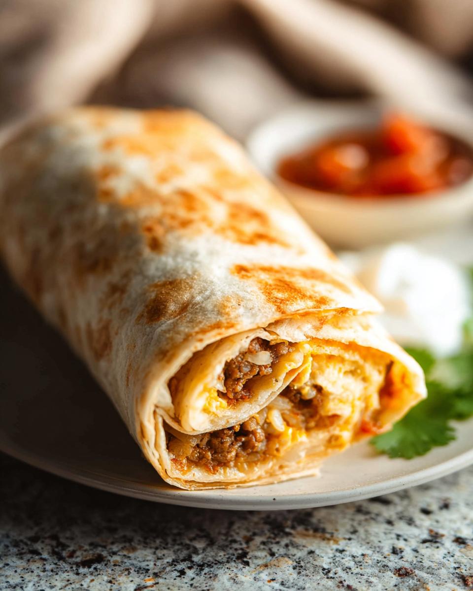 Close-up of a delicious freezer breakfast burrito filled with seasoned meat, scrambled eggs, and rice, served with salsa and sour cream.