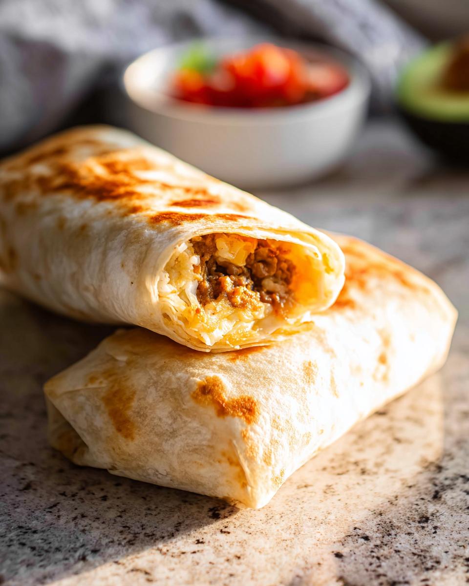 Two delicious and tasty freezer breakfast burritos, one cut in half to show the savory filling.