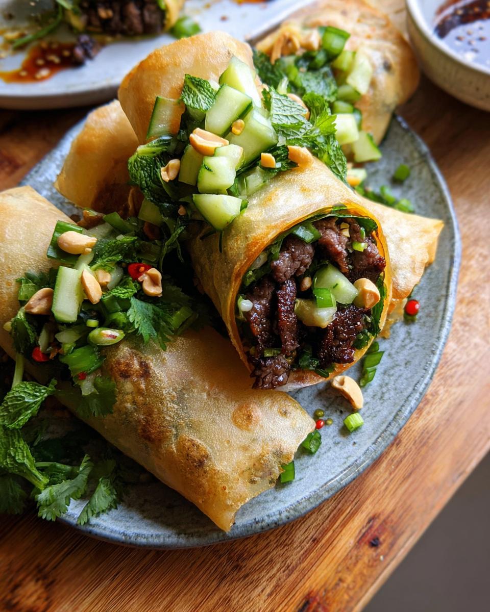 Close-up of golden-brown Thai Basil Beef Rolls filled with savory beef and topped with fresh cucumber, herbs, and peanuts.