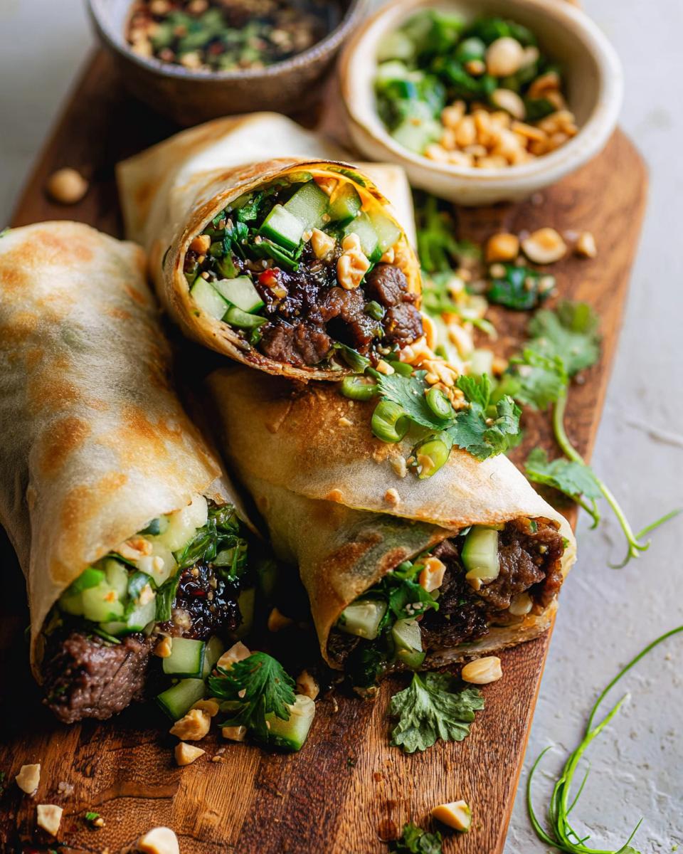 Close-up of delicious Thai Basil Beef Rolls filled with tender beef, fresh cucumber, and crunchy peanuts.