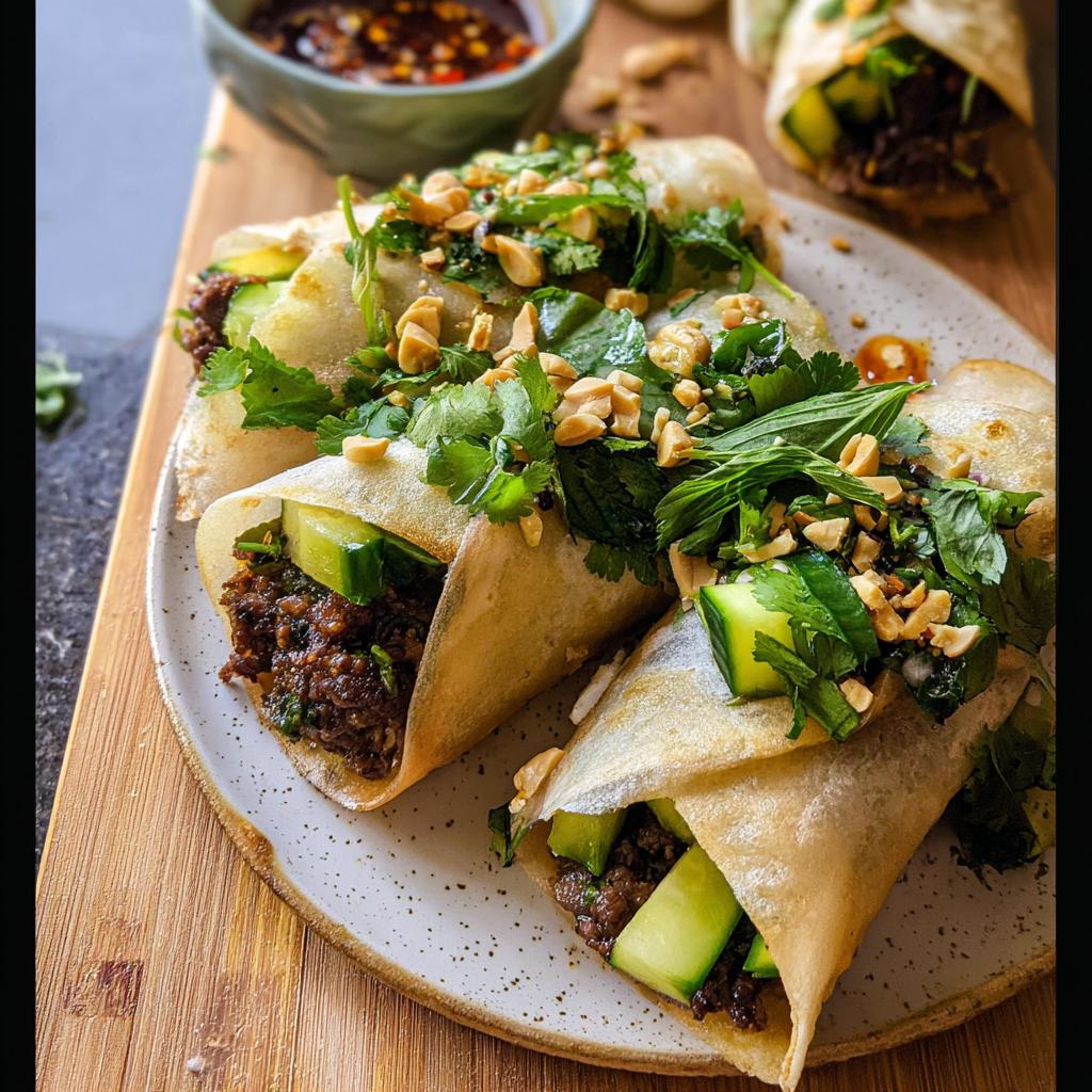 Close-up of three Thai Basil Beef Rolls filled with seasoned beef, cucumber, and topped with fresh herbs and peanuts.