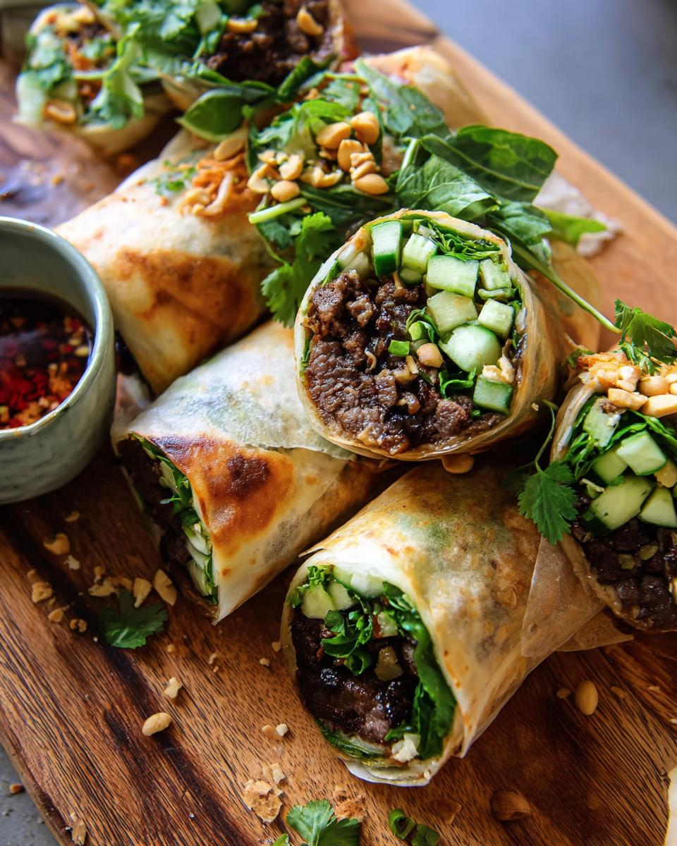 Close-up of Thai Basil Beef Rolls filled with seasoned beef, fresh cucumber, and herbs, topped with peanuts.