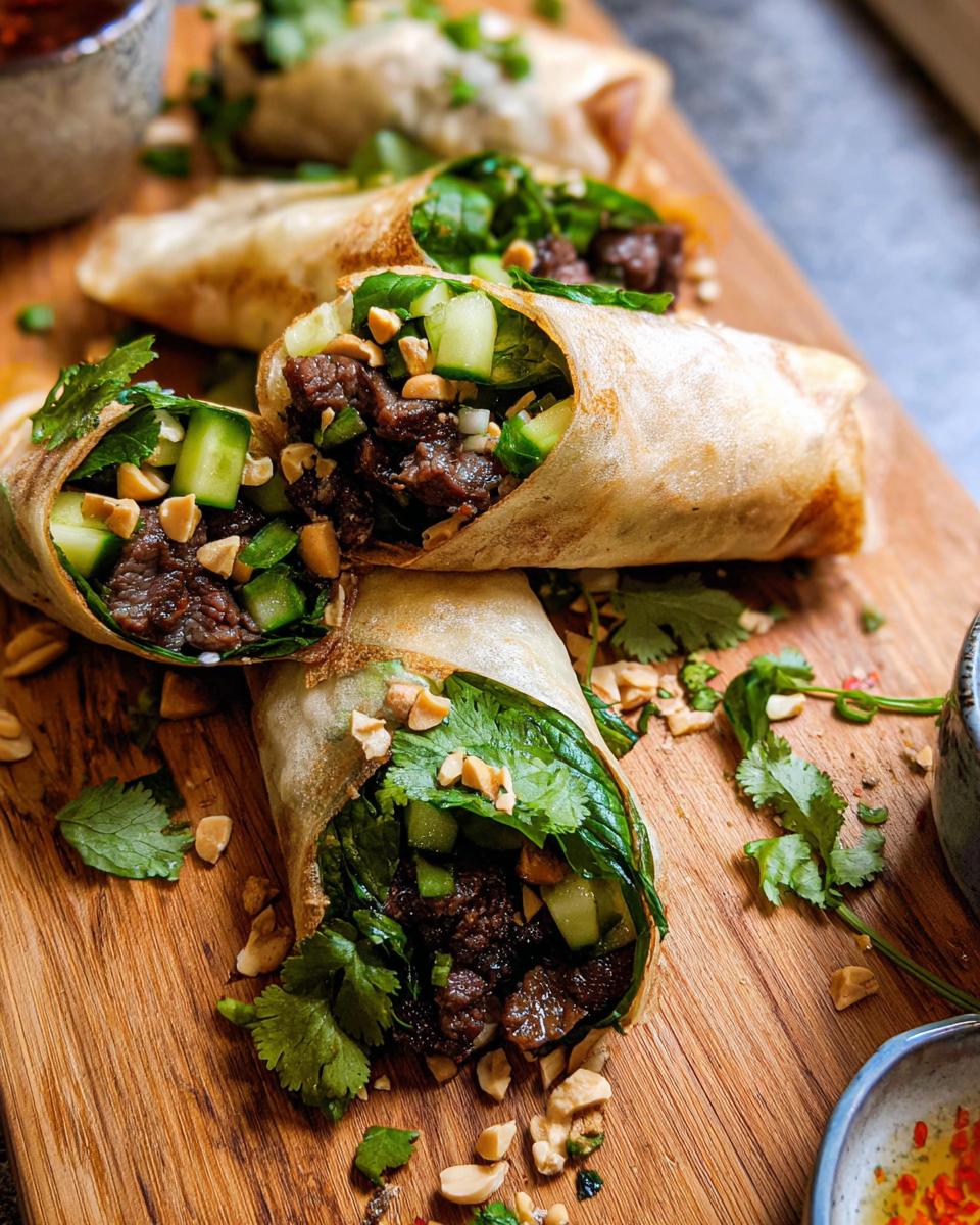 Close-up of Thai Basil Beef Rolls filled with seasoned beef, cucumber, and herbs, topped with chopped peanuts.