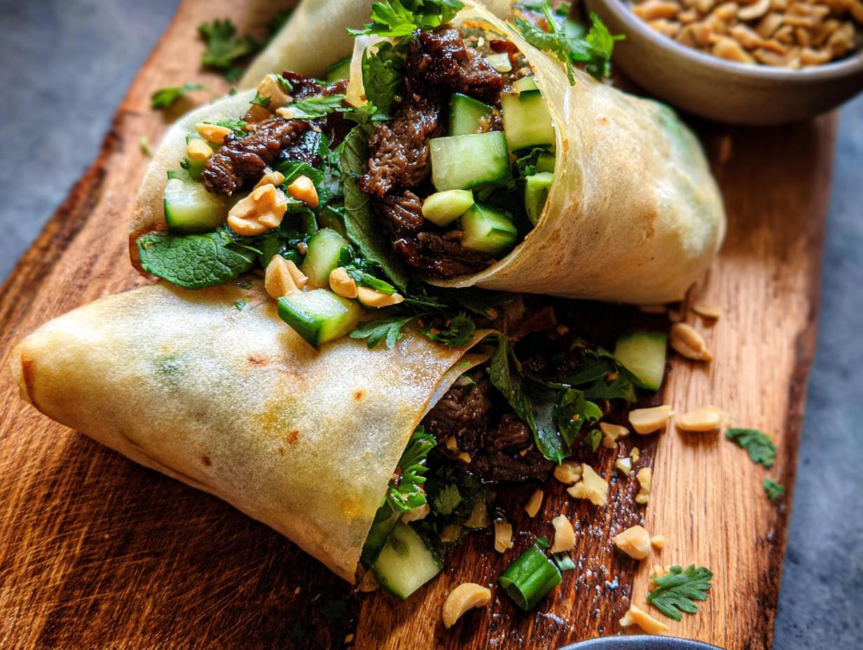 Two Thai Basil Beef Rolls filled with seasoned beef, fresh cucumber, herbs, and chopped peanuts, served on a wooden board.