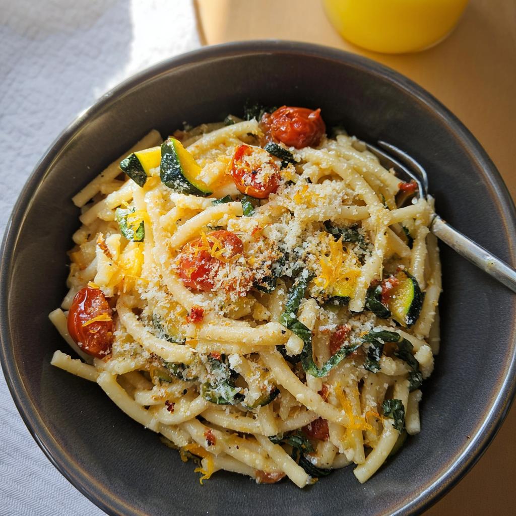 A close-up of a bowl of delicious Tomato Zucchini Pasta, topped with grated cheese and garnished with fresh herbs.