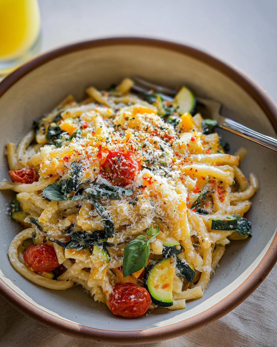 A close-up of a bowl filled with Tomato Zucchini Pasta, featuring pasta, cherry tomatoes, zucchini slices, and grated cheese.