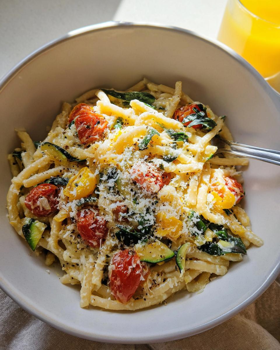 A close-up of a bowl filled with delicious Tomato Zucchini Pasta, topped with grated cheese and black pepper.