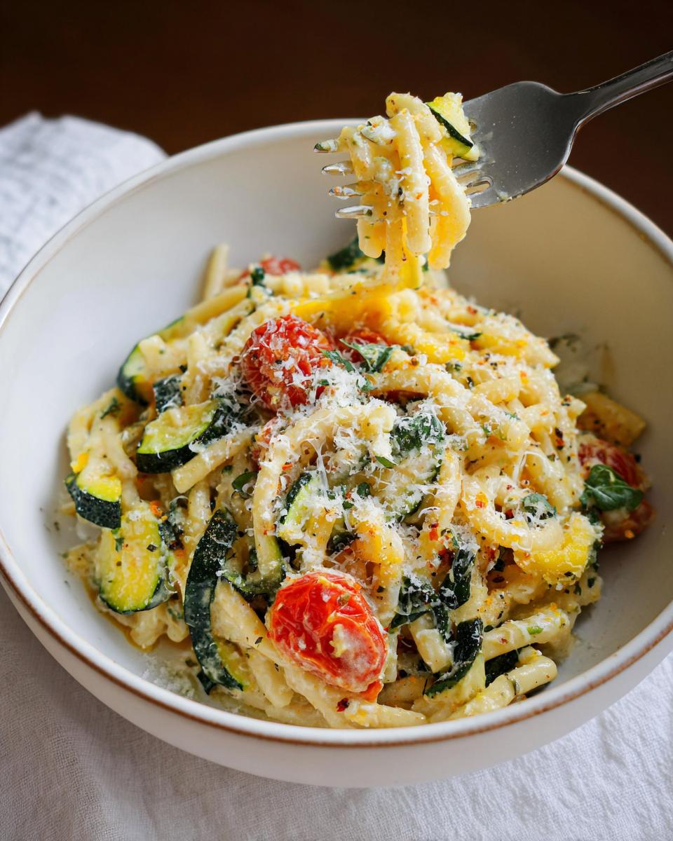 A close-up shot of a bowl of delicious Tomato Zucchini Pasta, with a fork lifting some pasta.