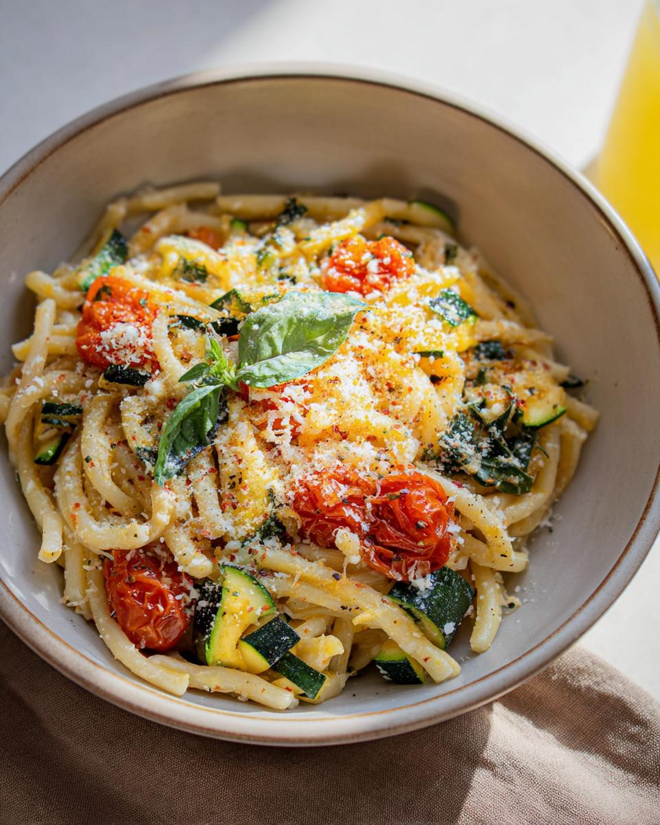 A close-up of a bowl filled with delicious Tomato Zucchini Pasta, topped with grated cheese and fresh basil.