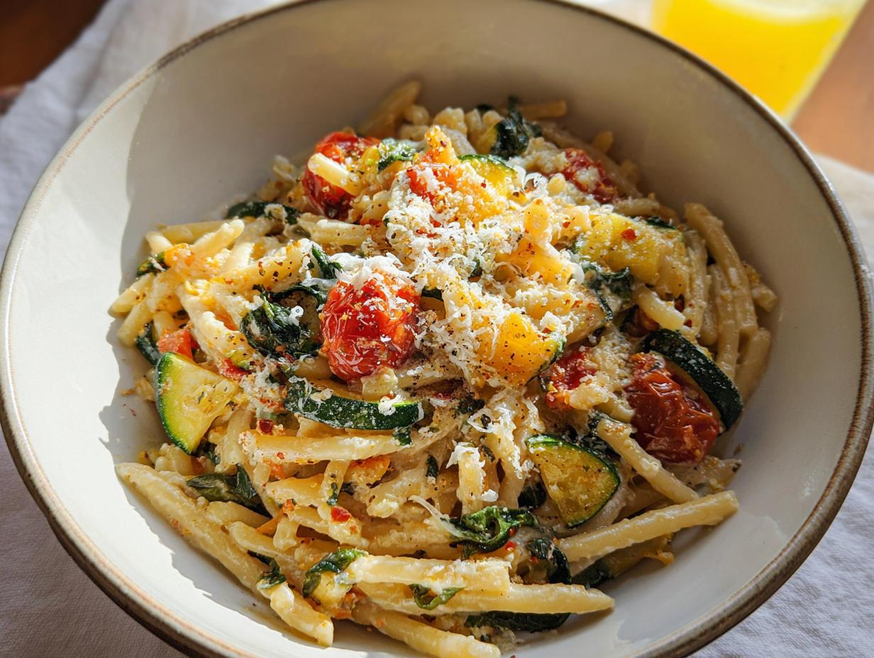 A close-up of a bowl filled with delicious Tomato Zucchini Pasta, topped with grated cheese and herbs.