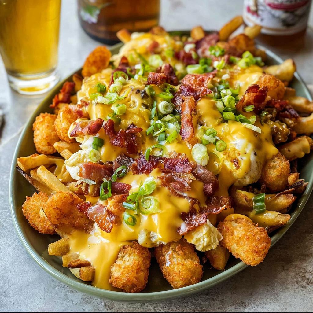 A hearty platter of Ultimate Breakfast Poutine with creamy hollandaise sauce, crispy tater tots, french fries, bacon, and green onions.