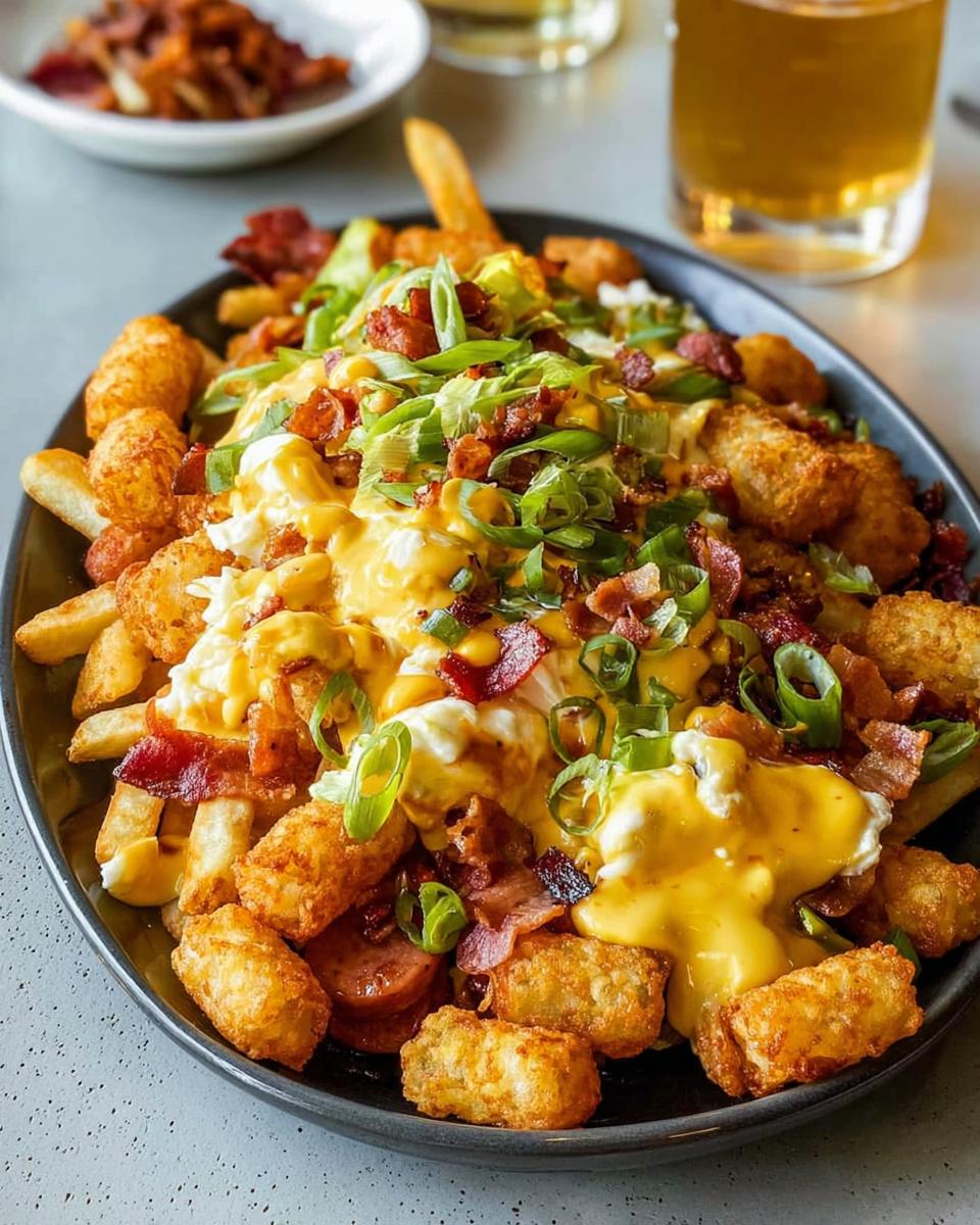A hearty plate of Ultimate Breakfast Poutine loaded with fries, tater tots, scrambled eggs, bacon, sausage, and creamy hollandaise sauce.