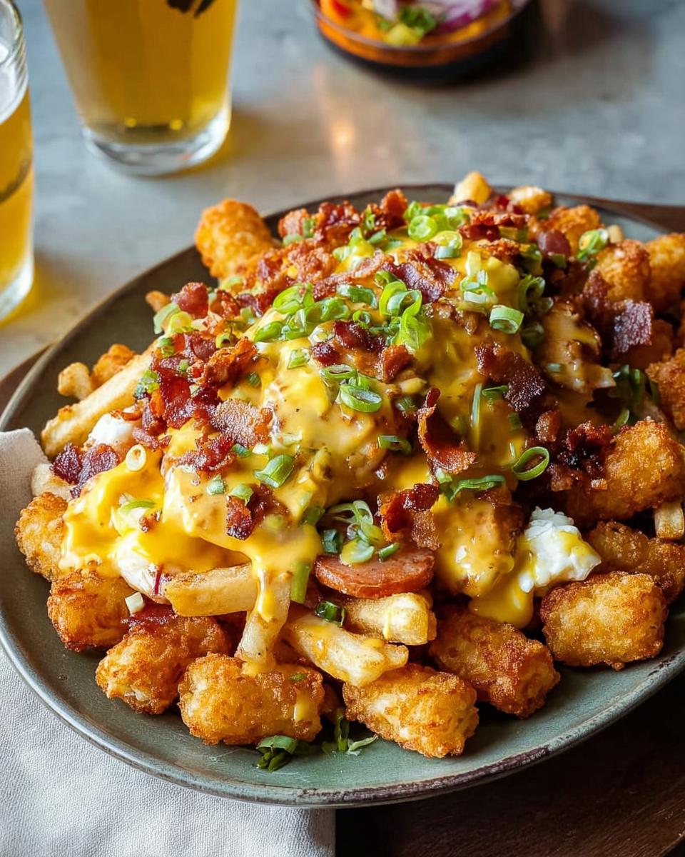 A plate piled high with Ultimate Breakfast Poutine featuring tater tots, french fries, cheese curds, bacon, sausage, and creamy hollandaise sauce.