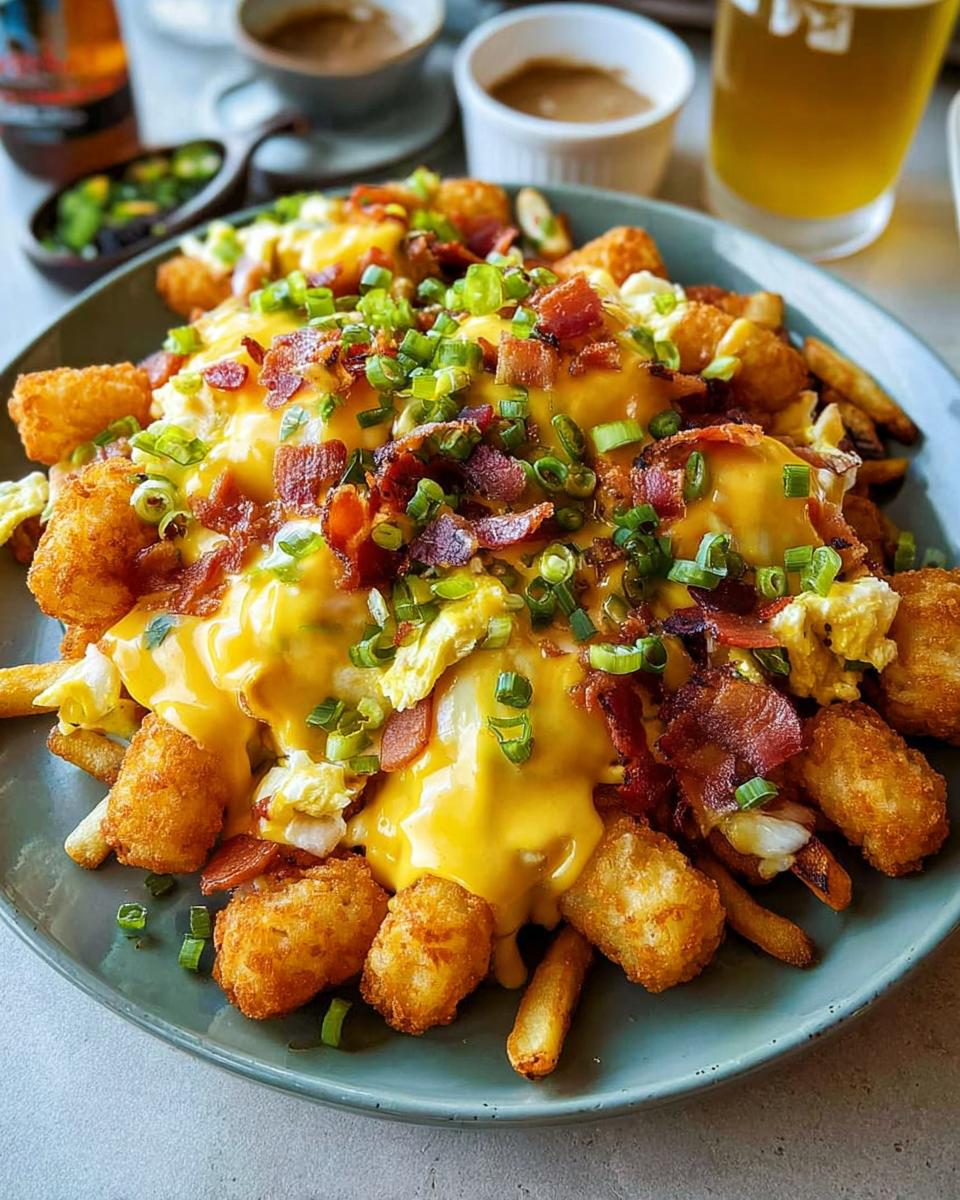 A plate of Ultimate Breakfast Poutine topped with scrambled eggs, bacon, cheese sauce, and green onions.